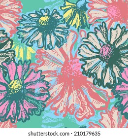 Hand dawn bright floral seamless pattern.  All objects are conveniently grouped  and are easily editable.