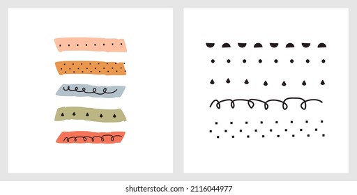 Handgezeichnete Pinselstriche und abstrakte geometrische Formen Streifen auf weißem Hintergrund, Vektorgrafik. Die Einrichtung der Kindermädchen.