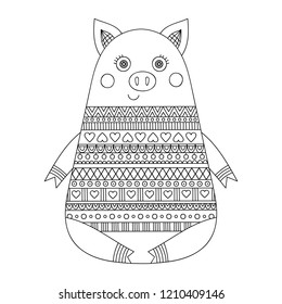 Hand dawn doodle pig with ornament. Cartoon piglet in sweater. Anti stress coloring page for children and adults. Isolated vector illustration.