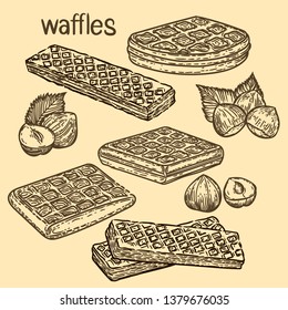 Hand dawn set of waffles and nuts.