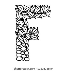 Hand der Morgendämmerung, Vektorbrief F einzeln auf weißem Hintergrund. Englisches Alphabet Großbuchstaben mit einem Muster von Pflanzen und Steinen. Schöne natürliche Illustration. Typografische Vorlage. EPS 8.