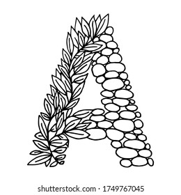 Hand der Morgendämmerung, Vektorbrief A einzeln auf weißem Hintergrund. Englisches Alphabet Großbuchstaben mit einem Muster von Pflanzen und Steinen. Schöne natürliche Illustration. Typografische Vorlage. EPS 8.