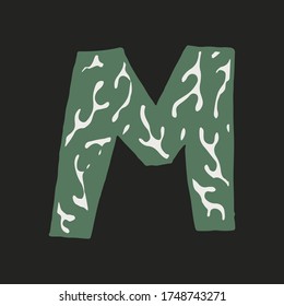 Hand dawn vector letter M isolated on dark background. English alphabet capital letters with floral design. Beautiful spring illustration. Typography template