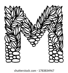 Mano de la letra vectorial del amanecer M aislada sobre fondo blanco. Letra inglesa mayúscula con un patrón de plantas y piedras. Hermosa ilustración natural. Plantilla tipográfica. Eps 8.