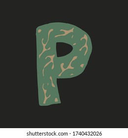 Hand dawn vector letter P isolated on dark background. English alphabet capital letters with floral design. Beautiful spring illustration. Typography template