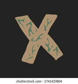 Letra vectorial X del amanecer manual aislada en el fondo oscuro. Letra inglesa mayúscula con diseño floral. Hermosa ilustración de primavera. Plantilla de tipografía