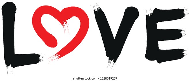 Hand Dawn Word Love And Heart Illustration, Black And Red. Airbrush Or Brush Font As Vector Typography.