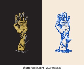 Hand of the dead. Halloween creeping zombie concept. Drawn engraved doodle sketch. Mystical Vector illustration for tattoo or t-shirt.