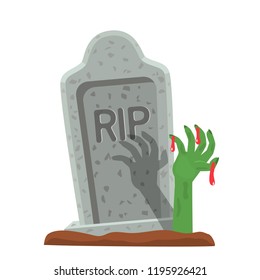 The hand of a dead man comes out from under the tombstone. flat vector illustration