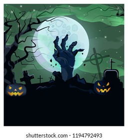 Hand of dead man from ground of graveyard vector illustration. Angry illuminated carved pumpkin, necked tree, gravestones at night. Horror concept