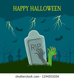 The hand of a dead person comes out from under a gravestone against the background of a cemetery. flat vector illustration