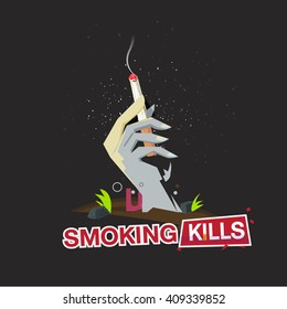 Hand of death body holding a smoking cigarette. stop smoking - vector illustration