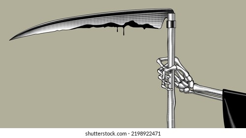 Hand Of Death Scytheman With A Scythe. Vintage Engraving Stylized Drawing. Vector Illustration