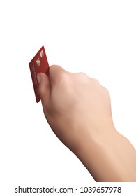 Hand with a debit credit card. Vector illustration in a realistic design.