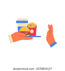 Hand Declining Fast Food In Flat Vector Illustration Symbolizing Healthy Choices And Diet Awareness, Isolated On White Background