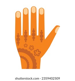 Hand decorated with oriental national pattern with natural henna paint. Multicolored flat vector icon representing hand gestures and actions concept isolated on white background