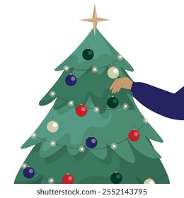 Hand decorating Christmas tree isolated illustration