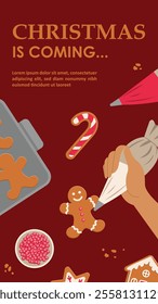 Hand decorating gingerbread cookies with icing bag. Christmas themed vertical template.