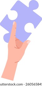 A hand delicately grasps a large jigsaw puzzle piece in minimalist style. Fingers are shown reaching up to hold the puzzle element with a simple aesthetic. Cartoon vector illustration.