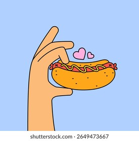 Hand delicately holding a hot dog with mustard and ketchup, accompanied by two pink heart symbols cartoon illustration vector hand drawn for snacks and fast food icon or badge