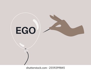 A hand delicately pierces a balloon labeled ego, symbolizing the fragility of self-importance in a serene and minimalistic setting that evokes thought and reflection