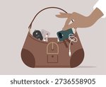 A hand delicately takes out personal items from a fashionable bag, Among the contents are keys, a smartphone, and earphones, ideal for a day on the go in the city.