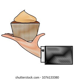 hand with delicious cup cake icon