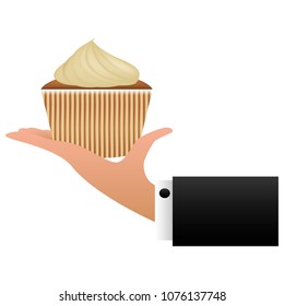 hand with delicious cup cake icon