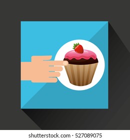 hand with delicious cupcake strawberry chocolate vector illustration eps 10