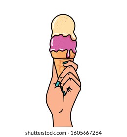 hand with delicious ice cream pop art style icon vector illustration design
