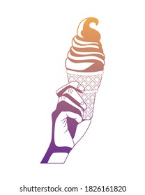 hand with delicious ice cream pop art style vector illustration design