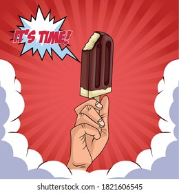 hand with delicious ice cream in stick pop art style vector illustration design