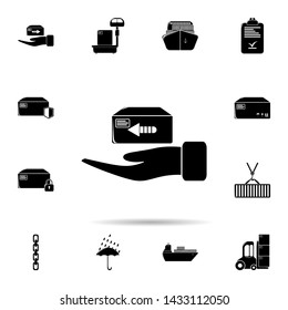 the hand delivers the box icon. Universal set of logistic for website design and development, app development