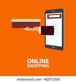 Hand delivers boxes with the purchased goods out from mobile phone. E-commerce, internet shopping. Buying concept in flat style. Vector illustration, easy to edit