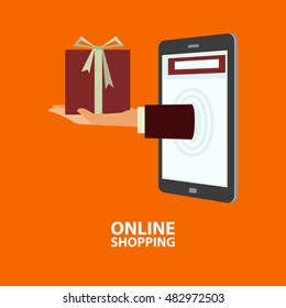 Hand delivers gift box out from mobile phone. E-commerce, internet shopping. Buying concept in flat style. Vector illustration, easy to edit