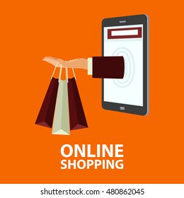 Hand delivers shopping bags with the purchased goods out from mobile phone. E-commerce, online shopping, buying internet concept in flat style. Vector illustration, easy to edit