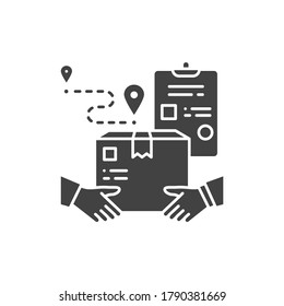 Hand to hand delivery black glyph icon. Delivery services. Hands holding box. Sign for web page, app. UI UX GUI design element