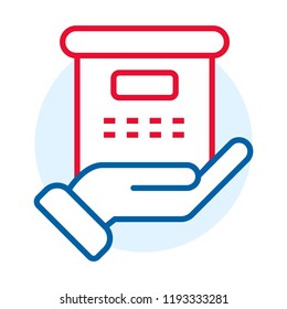 Hand delivery box icon. Outline hand delivery box vector icon for web design isolated on white background