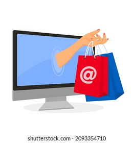 Hand of delivery man with shopping bag from cloud and customers