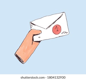 Hand delivery new message envelope, notification. Vector Hand drawn Concept illustration. Clip art in doodle, rough and Watercolor vector style
