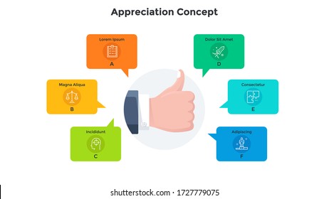 Hand demonstrating thumbs up gesture surrounded by speech bubbles. Concept of appreciation, acceptance, approval, acknowledgement. Simple infographic design template. Modern flat vector illustration.