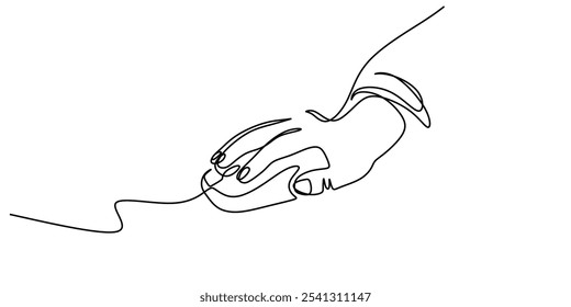 Hand depicted holding a computer mouse in a continuous one line drawing. Work and office concept. Minimalist hand-drawn design.