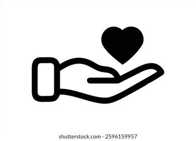 A hand is depicted holding a heart symbol, expressing themes of love, compassion, and support. The design emphasizes human connection and emotional warmth in a minimalistic style.