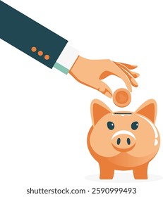 Hand is depicted inserting coin into cheerful piggy bank, symbolizing saving money and financial planning for better economic future and smart investment. Vector illustration.