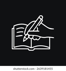 A hand depicted writing in a notebook on a black background representing creativity, learning, and the act of capturing ideas.