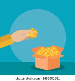 hand depositing bitcoin in cryptocurrency box money finance flat design vector illustration