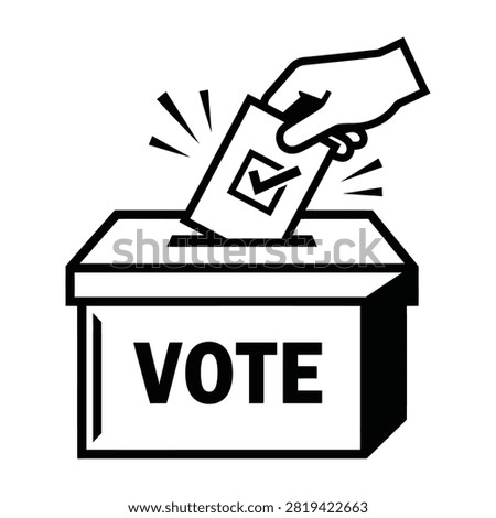 A hand depositing a checked voting ballot into a box labeled VOTE, symbolizing democracy