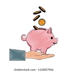 Hand depositing coin into piggy scribble