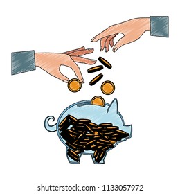 Hand depositing coin into piggy scribble