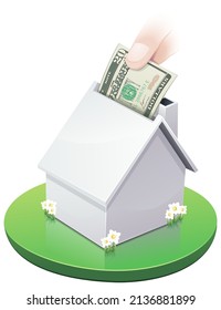 A Hand Deposits A 20 Dollar Bill Into A Piggy Bank In The Shape Of A House With A Garden